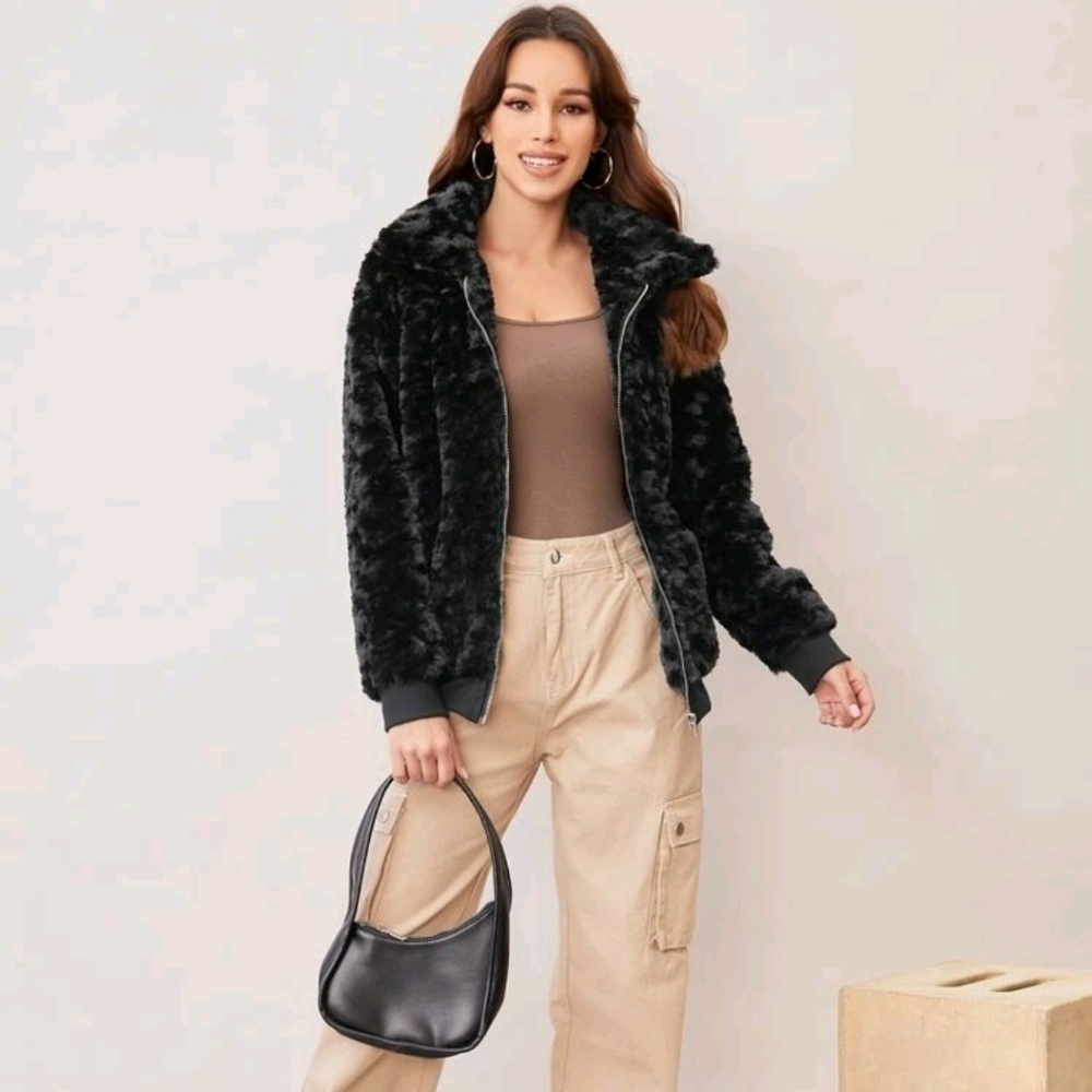 Teddy Jacket Zip-Up Drop Shoulder Fuzzy Faux Fur Relaxed Fit Casual Black Small